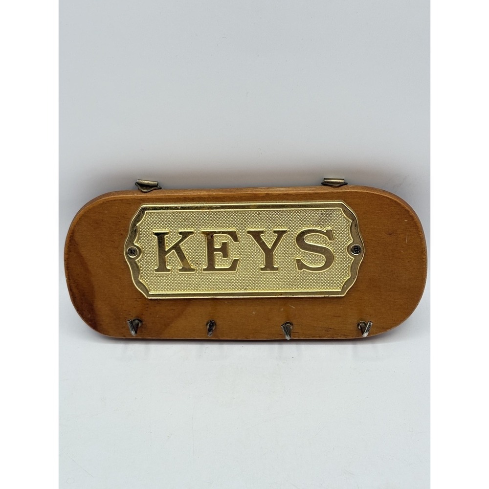 Vintage Taiwan Brass And Wood Key Rack 4 Hook Holder Grandpa Core Cabin MCM
